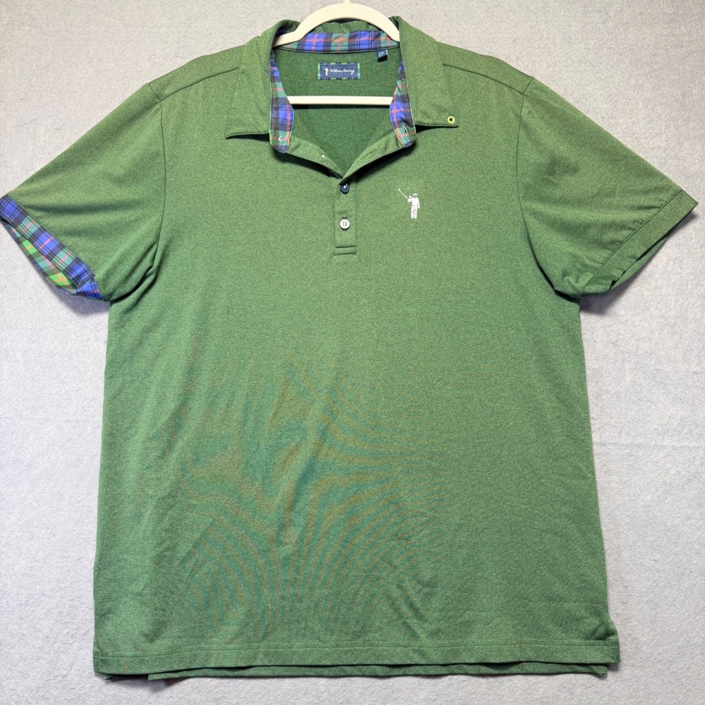 William Murray Golf Polo Mens Large Green Plaid Trim Performance Short Sleeve